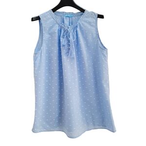 J. McLaughlin Swiss Dot‎ Blue White Sleeveless Cotton Tie Neck Blouse Size M